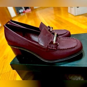 Lauren Ralph Lauren Womens 9 B Block Heel Leather Dalena Burgundy Heeled Loafer